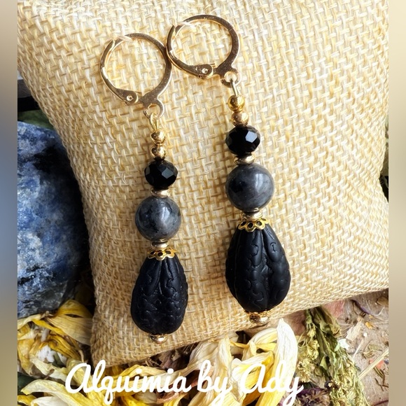 Alquimia Black labradorite and gold vintage Earrings - Picture 1 of 1